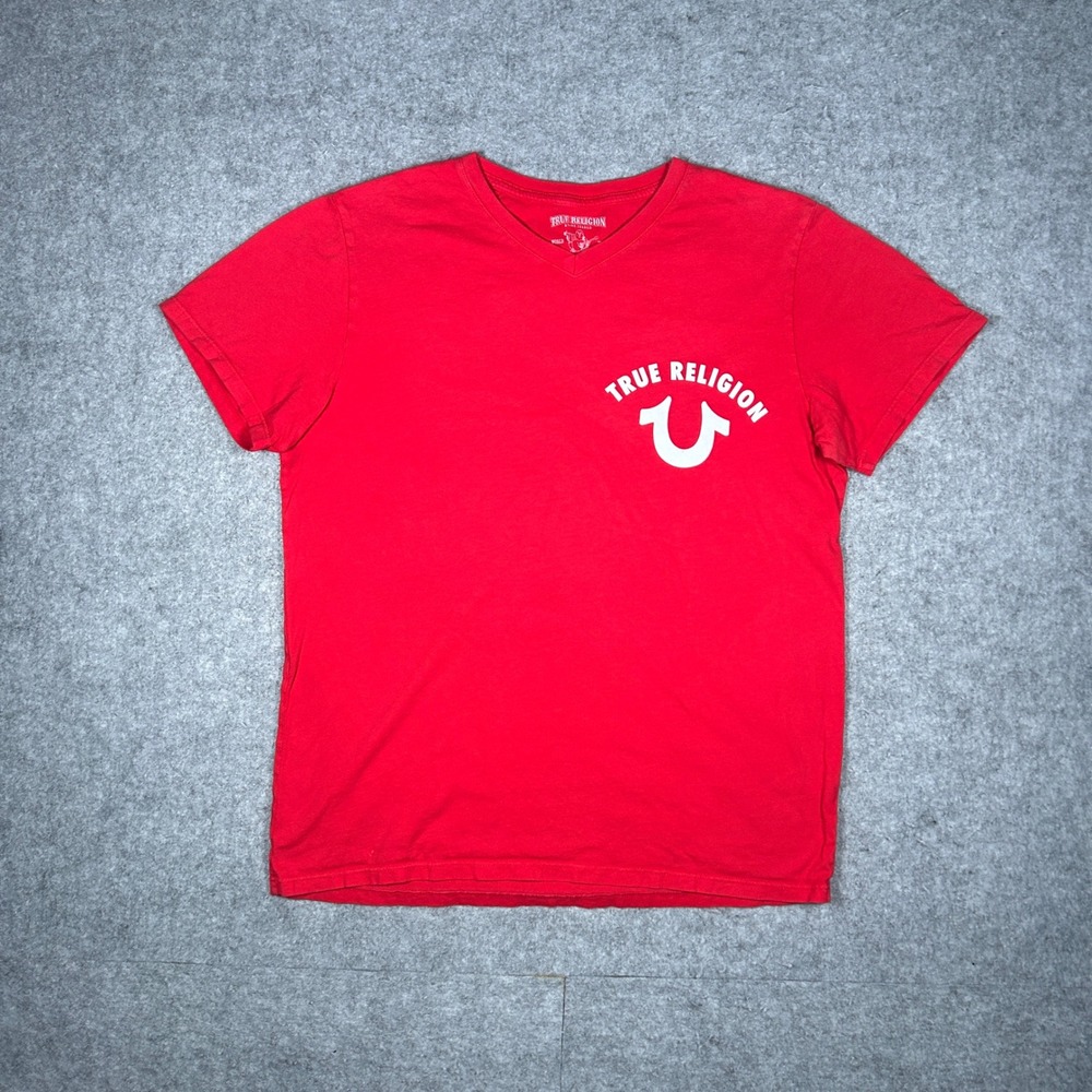 True Religion T-Shirt Mens Large Red Buddha Logo Graphic V-Neck Short Sleeve Tee